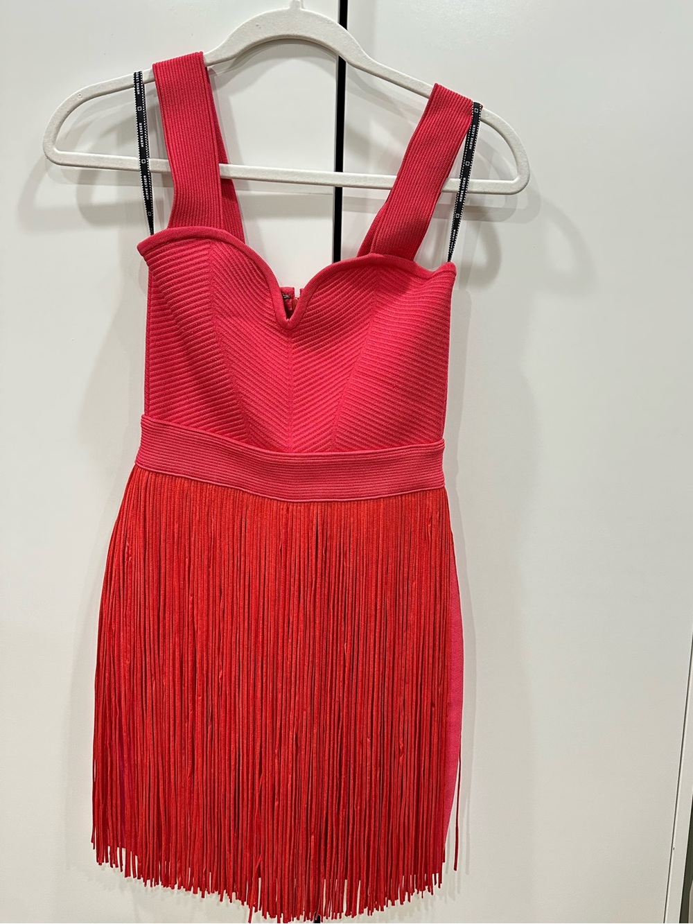 Herve Leger Hot Pink / Coral Red Fringe Mini Dress